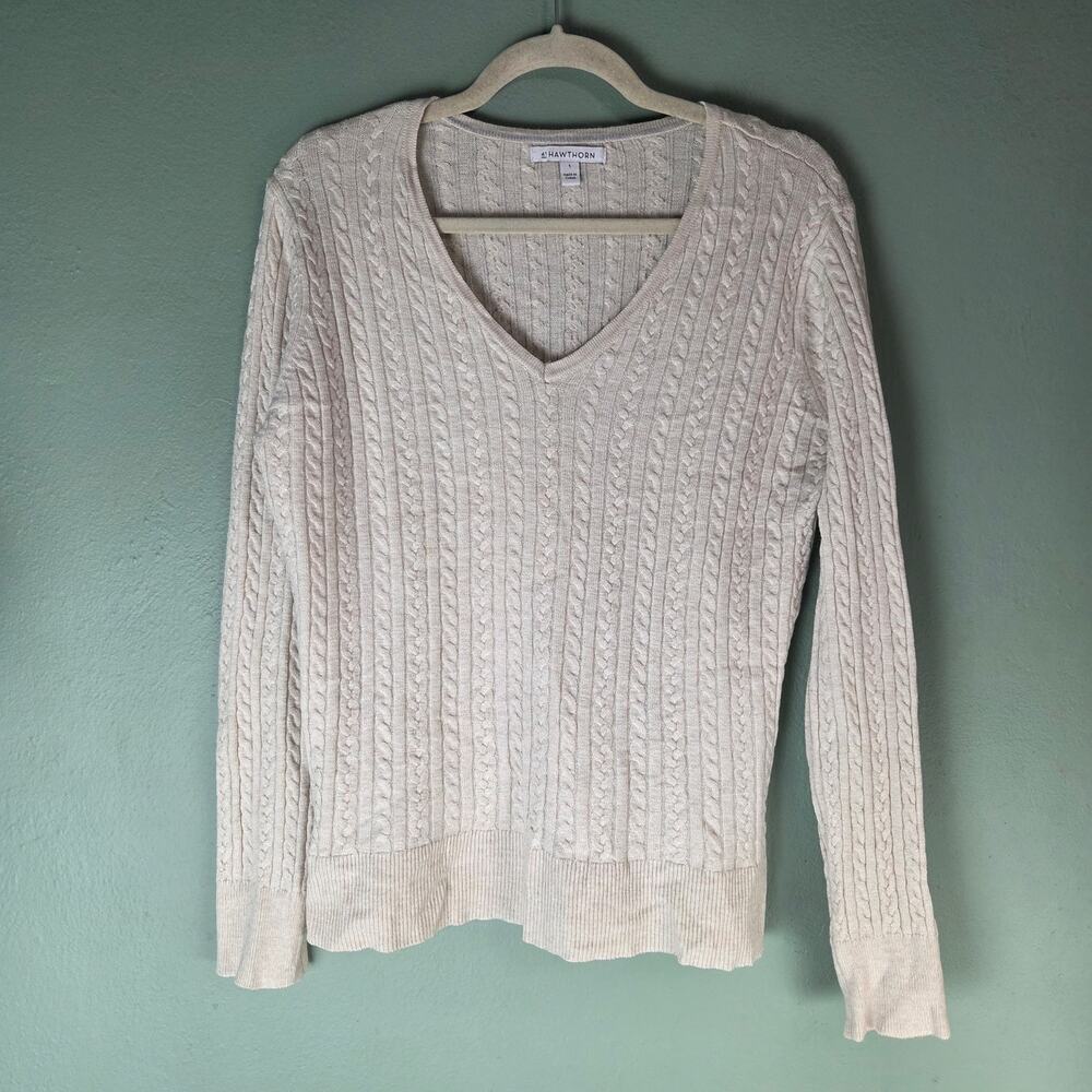 41 Hawthorn Womens Sweater Beige Cable Knit Long Sleeve V-Neck Pullover Large